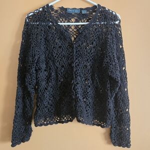 Cherry Stix Black Button Down Crochet Knit Cardigan PTP=17.5"